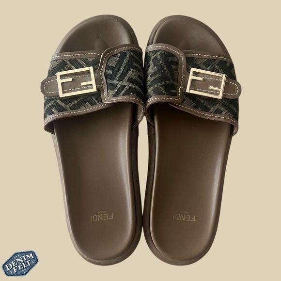 Fendi Brown Wide-Band Leather Zucca FF Logo Monogram Flat Slides | Size: 8 - Picture 11 of 16
